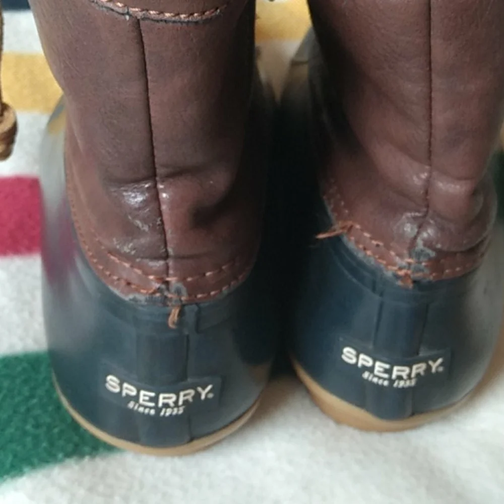 Sperry Kids Brown Leather and Navy Rubber Duck Boots with Tan Soles